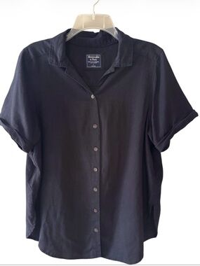 Abercrombie & Fitch Women’s Linen Blend Button Down Short Sleeve Size L Black